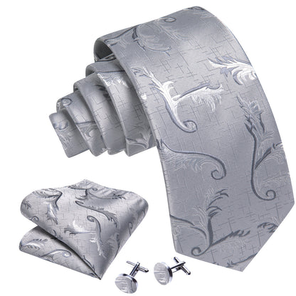 Gray White Floral Silk Tie, Pocket Square and Cufflinks Set tie sets    - Sophisticated Gentlemen