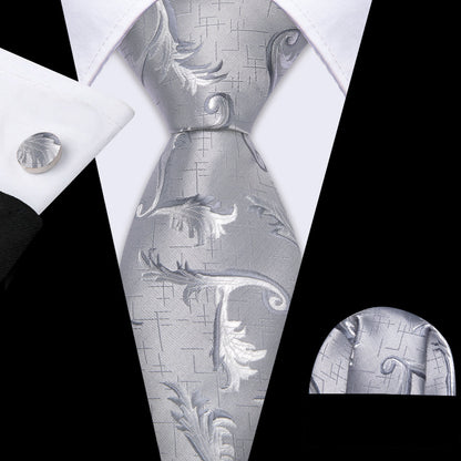 Gray White Floral Silk Tie, Pocket Square and Cufflinks Set tie sets    - Sophisticated Gentlemen