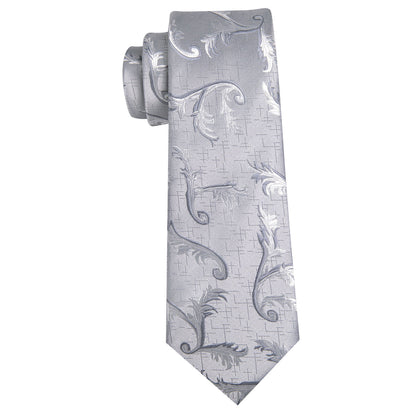 Gray White Floral Silk Tie, Pocket Square and Cufflinks Set tie sets    - Sophisticated Gentlemen