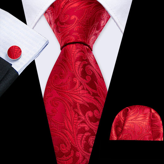 Red Strong Floral Silk Tie, Pocket Square and Cufflinks Set tie sets    - Sophisticated Gentlemen