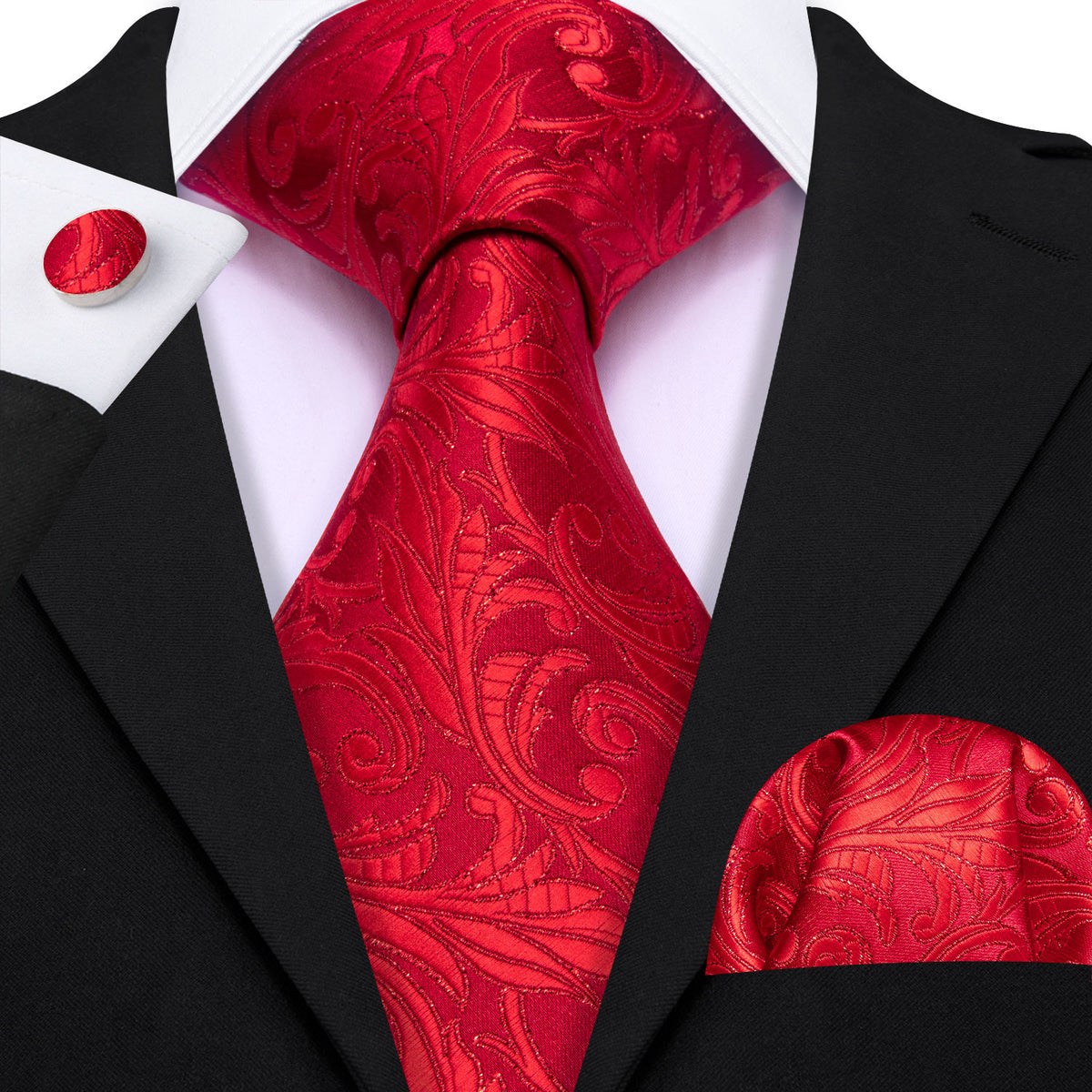 Red Strong Floral Silk Tie, Pocket Square and Cufflinks Set tie sets    - Sophisticated Gentlemen