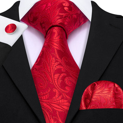 Red Strong Floral Silk Tie, Pocket Square and Cufflinks Set tie sets    - Sophisticated Gentlemen
