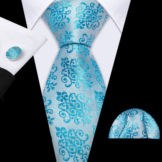 Seafoam Floral Silk Tie, Pocket Square and Cufflinks Set tie sets    - Sophisticated Gentlemen