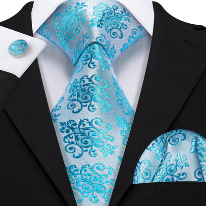 Seafoam Floral Silk Tie, Pocket Square and Cufflinks Set tie sets    - Sophisticated Gentlemen