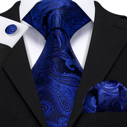 Navy Blue Paisley Silk Tie, Pocket Square and Cufflinks Set tie sets    - Sophisticated Gentlemen