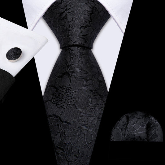 Black Floral Silk Tie, Pocket Square and Cufflinks Set tie sets    - Sophisticated Gentlemen