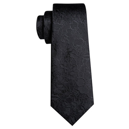 Black Floral Silk Tie, Pocket Square and Cufflinks Set tie sets    - Sophisticated Gentlemen