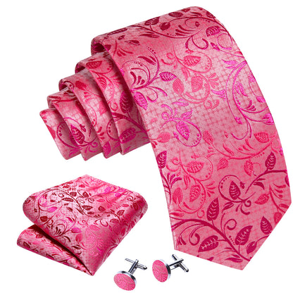 Pink Red Lilac Floral Silk Tie, Pocket Square and Cufflinks Set tie sets    - Sophisticated Gentlemen