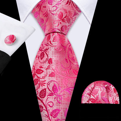 Pink Red Lilac Floral Silk Tie, Pocket Square and Cufflinks Set tie sets    - Sophisticated Gentlemen