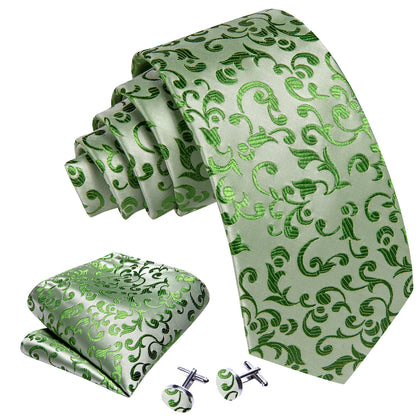Green Floral Silk Tie, Pocket Square and Cufflinks Set tie sets    - Sophisticated Gentlemen