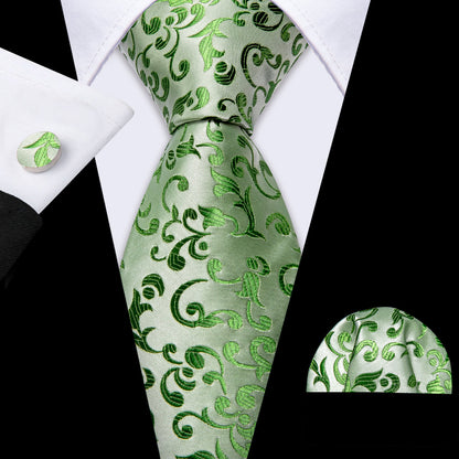 Green Floral Silk Tie, Pocket Square and Cufflinks Set tie sets    - Sophisticated Gentlemen