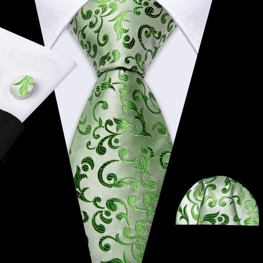 Green Floral Silk Tie, Pocket Square and Cufflinks Set tie sets    - Sophisticated Gentlemen