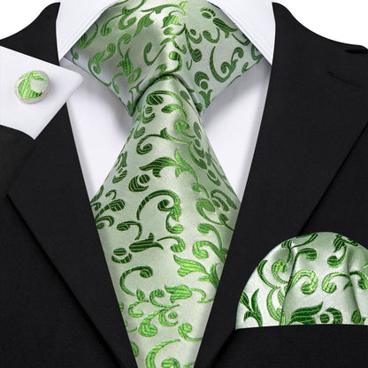 Green Floral Silk Tie, Pocket Square and Cufflinks Set tie sets    - Sophisticated Gentlemen