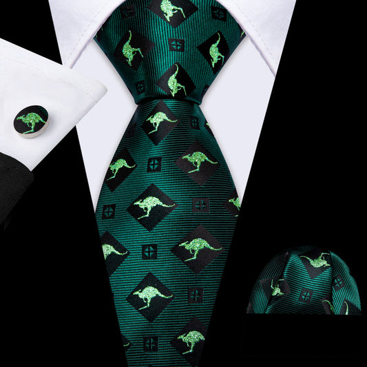 Green Black Kangaroo Floral Silk Tie, Pocket Square and Cufflinks Set tie sets    - Sophisticated Gentlemen