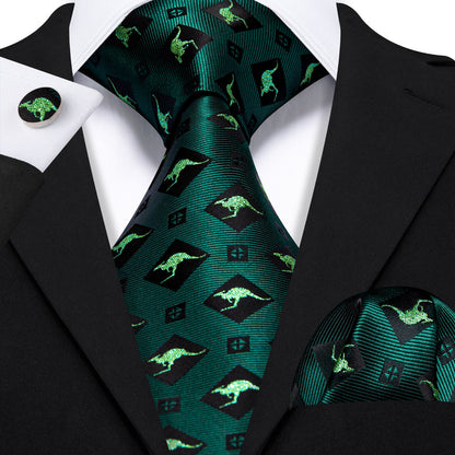 Green Black Kangaroo Floral Silk Tie, Pocket Square and Cufflinks Set tie sets    - Sophisticated Gentlemen