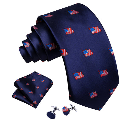 Blue Red American Flag Pattern Tie, Pocket Square and Cufflinks Set tie sets    - Sophisticated Gentlemen