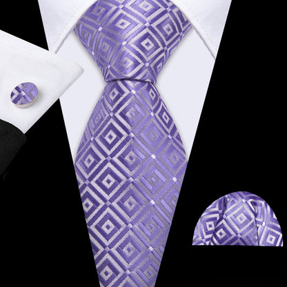 Purple White Plaid Silk Tie, Pocket Square and Cufflinks Set tie sets    - Sophisticated Gentlemen