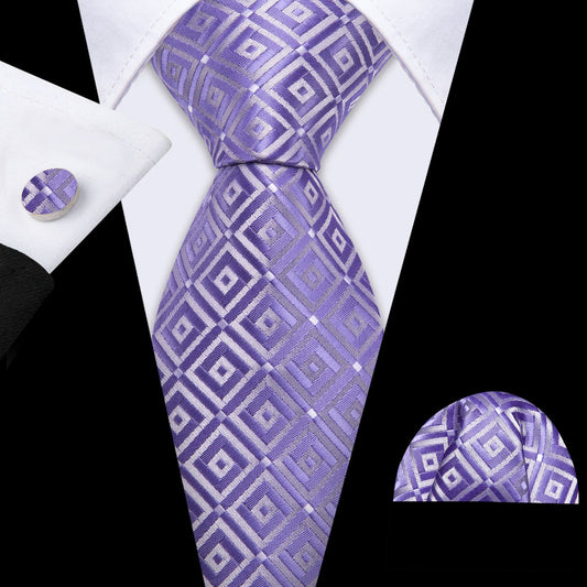 Purple White Plaid Silk Tie, Pocket Square and Cufflinks Set tie sets    - Sophisticated Gentlemen