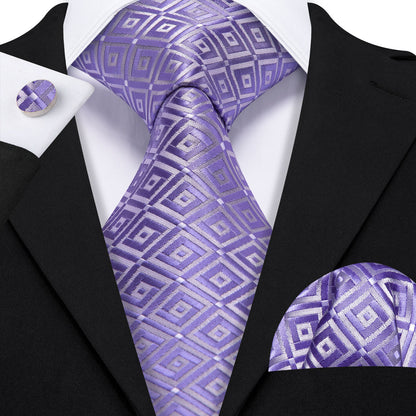 Purple White Plaid Silk Tie, Pocket Square and Cufflinks Set tie sets    - Sophisticated Gentlemen