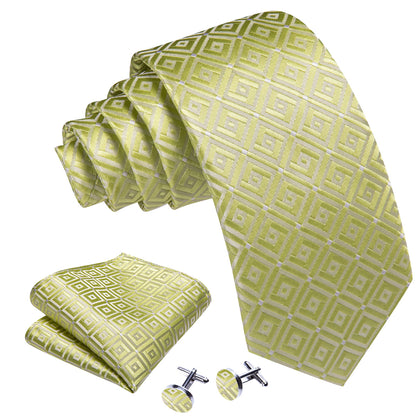 Yellow Green Novetly Plaid Silk Tie, Pocket Square and Cufflinks Set tie sets    - Sophisticated Gentlemen