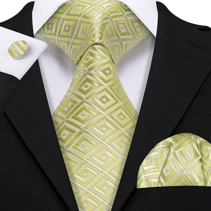 Yellow Green Novetly Plaid Silk Tie, Pocket Square and Cufflinks Set tie sets    - Sophisticated Gentlemen