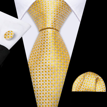 Gold Novelty Plaid Silk Tie, Pocket Square and Cufflinks Set tie sets    - Sophisticated Gentlemen