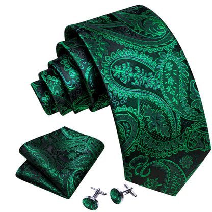 Green Paisley Tie, Pocket Square and Cufflinks Set tie sets    - Sophisticated Gentlemen