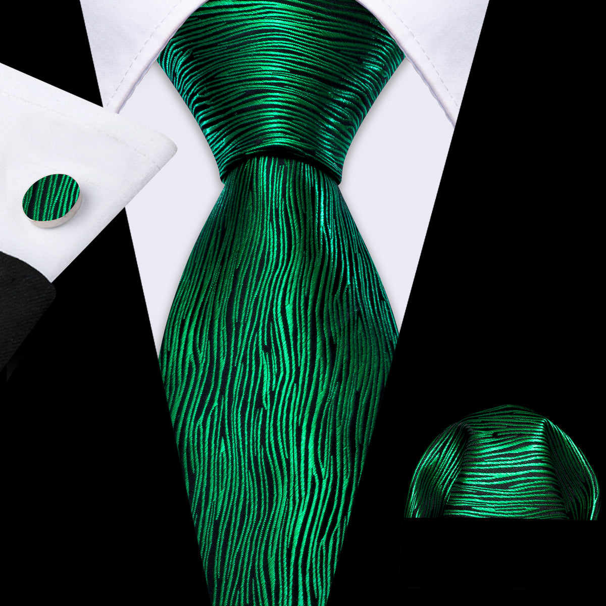 Green Novelty Striped Paisley Tie, Pocket Square and Cufflinks Set tie sets    - Sophisticated Gentlemen