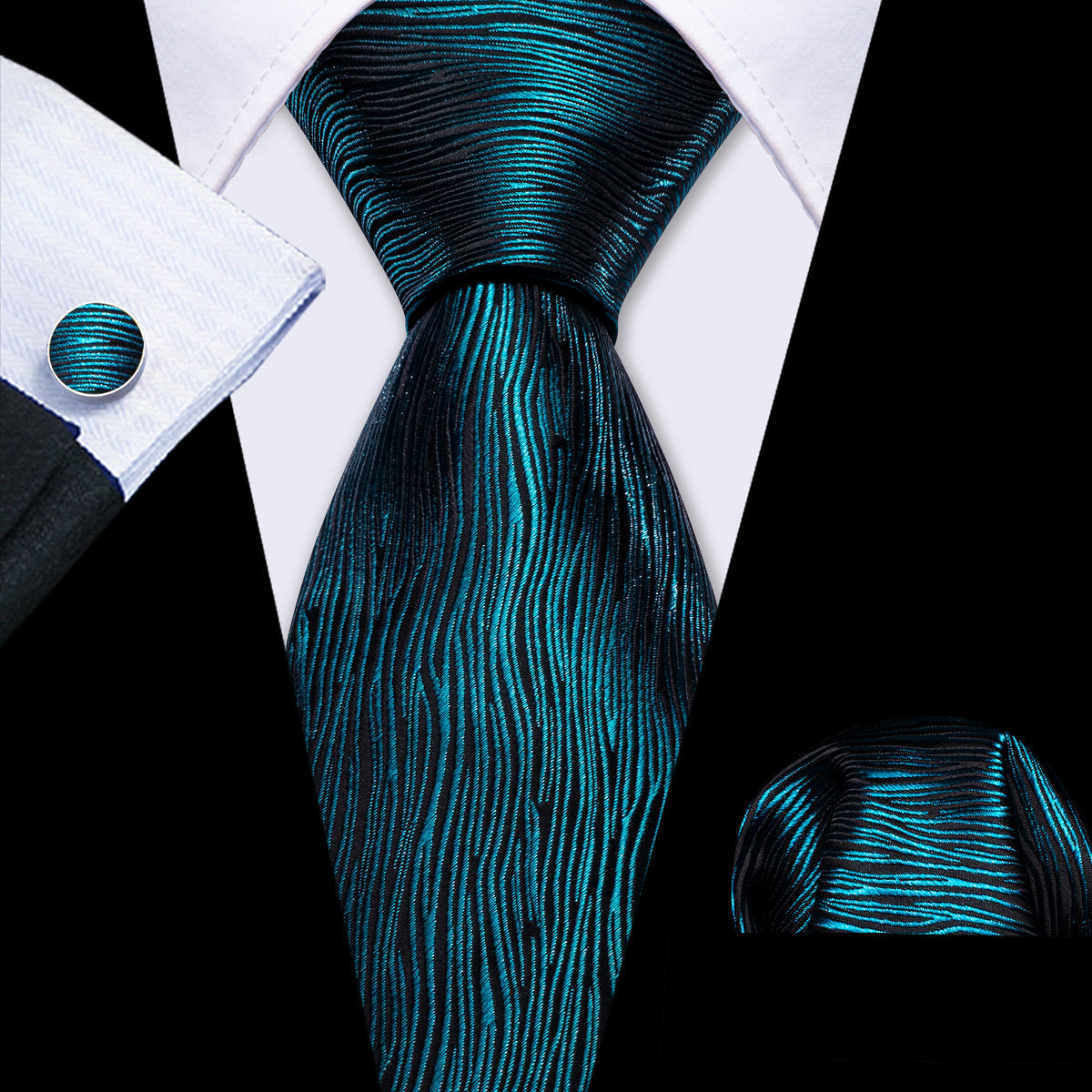 Nile Blue Novelty Solid Silk Tie, Pocket Square and Cufflinks Set tie sets    - Sophisticated Gentlemen