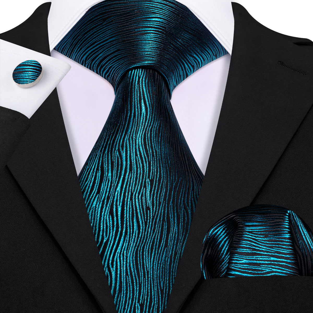 Nile Blue Novelty Solid Silk Tie, Pocket Square and Cufflinks Set tie sets    - Sophisticated Gentlemen