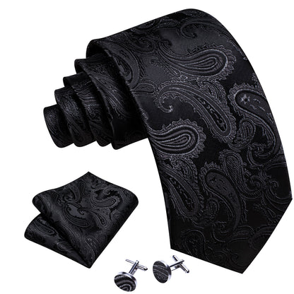 Black Men's Paisley Silk Tie, Pocket Square and Cufflinks Set tie sets    - Sophisticated Gentlemen