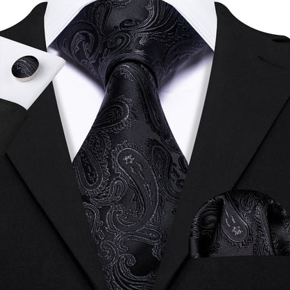 Black Men's Paisley Silk Tie, Pocket Square and Cufflinks Set tie sets    - Sophisticated Gentlemen