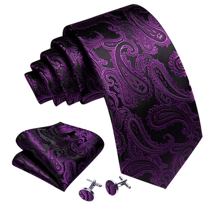 Violet Black Paisley Silk Tie, Pocket Square and Cufflinks Set tie sets    - Sophisticated Gentlemen
