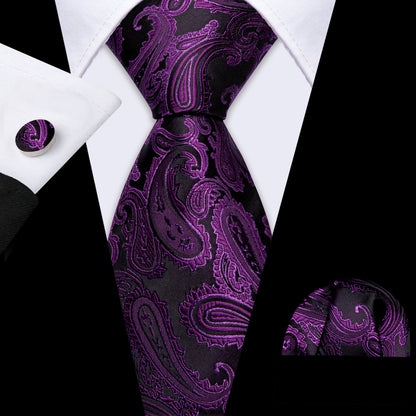 Violet Black Paisley Silk Tie, Pocket Square and Cufflinks Set tie sets    - Sophisticated Gentlemen