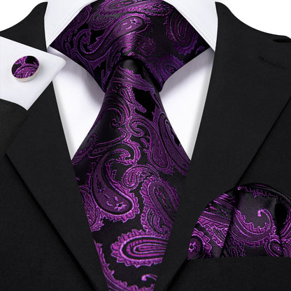 Violet Black Paisley Silk Tie, Pocket Square and Cufflinks Set tie sets    - Sophisticated Gentlemen
