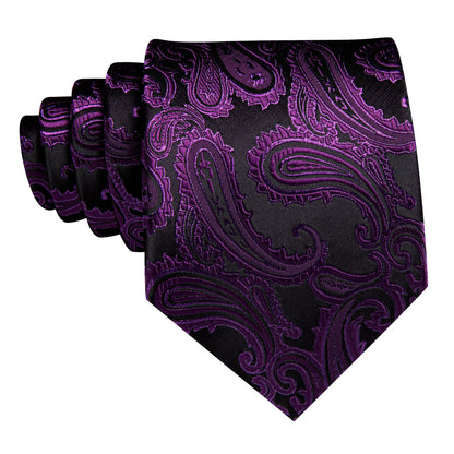 Violet Black Paisley Silk Tie, Pocket Square and Cufflinks Set tie sets    - Sophisticated Gentlemen