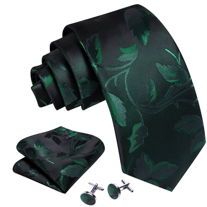 Black Green Floral Silk Tie, Pocket Square and Cufflinks Set tie sets    - Sophisticated Gentlemen