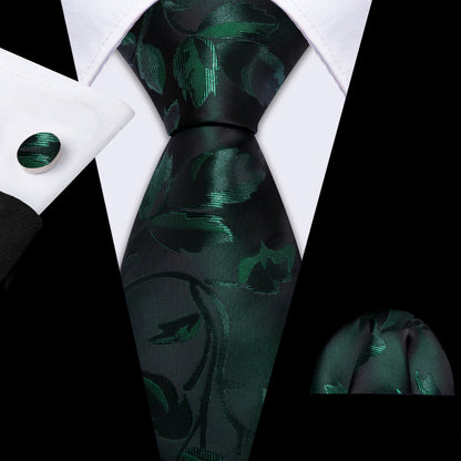 Black Green Floral Silk Tie, Pocket Square and Cufflinks Set tie sets    - Sophisticated Gentlemen