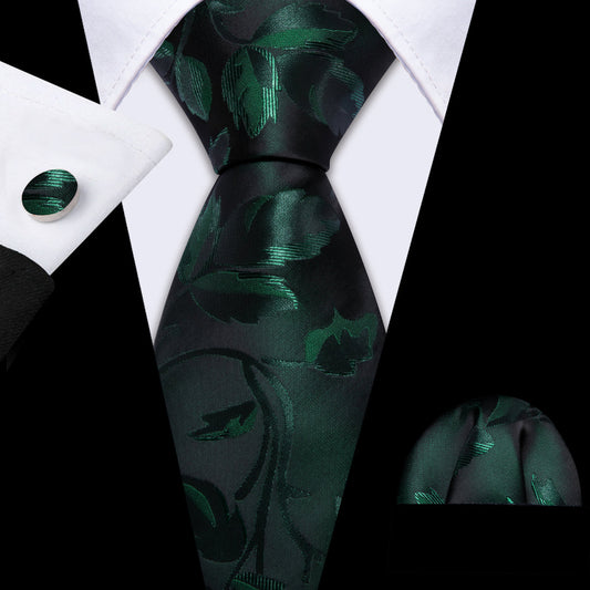 Black Green Floral Silk Tie, Pocket Square and Cufflinks Set tie sets    - Sophisticated Gentlemen