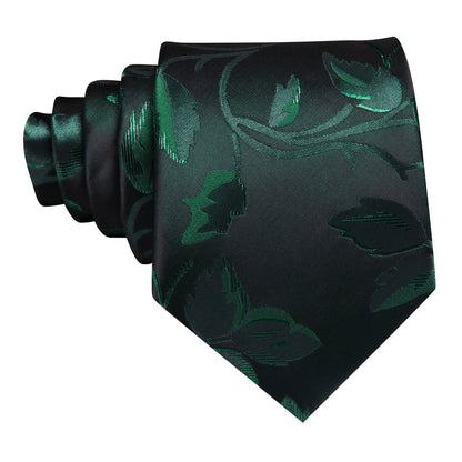 Black Green Floral Silk Tie, Pocket Square and Cufflinks Set tie sets    - Sophisticated Gentlemen