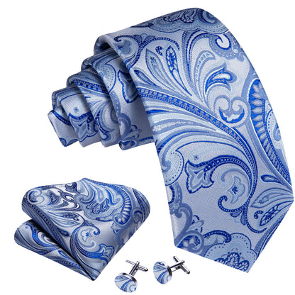 Light Blue Silver Paisley Silk Tie, Pocket Square and Cufflinks Set tie sets    - Sophisticated Gentlemen