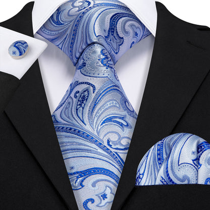Light Blue Silver Paisley Silk Tie, Pocket Square and Cufflinks Set tie sets    - Sophisticated Gentlemen