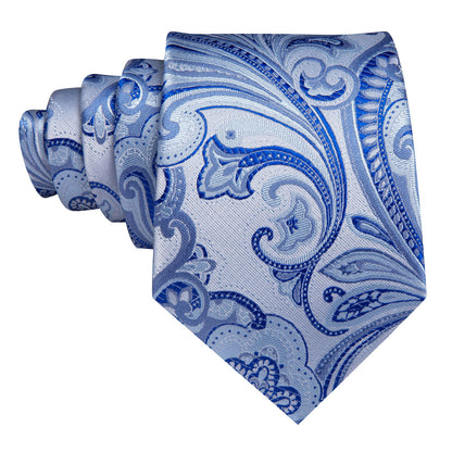 Light Blue Silver Paisley Silk Tie, Pocket Square and Cufflinks Set tie sets    - Sophisticated Gentlemen