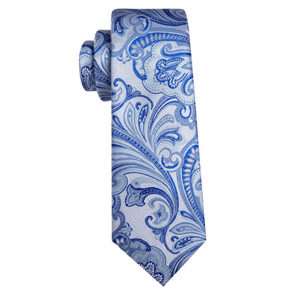 Light Blue Silver Paisley Silk Tie, Pocket Square and Cufflinks Set tie sets    - Sophisticated Gentlemen