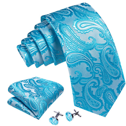 Pale Blue Silver Paisley Silk Tie, Pocket Square and Cufflinks Set tie sets    - Sophisticated Gentlemen