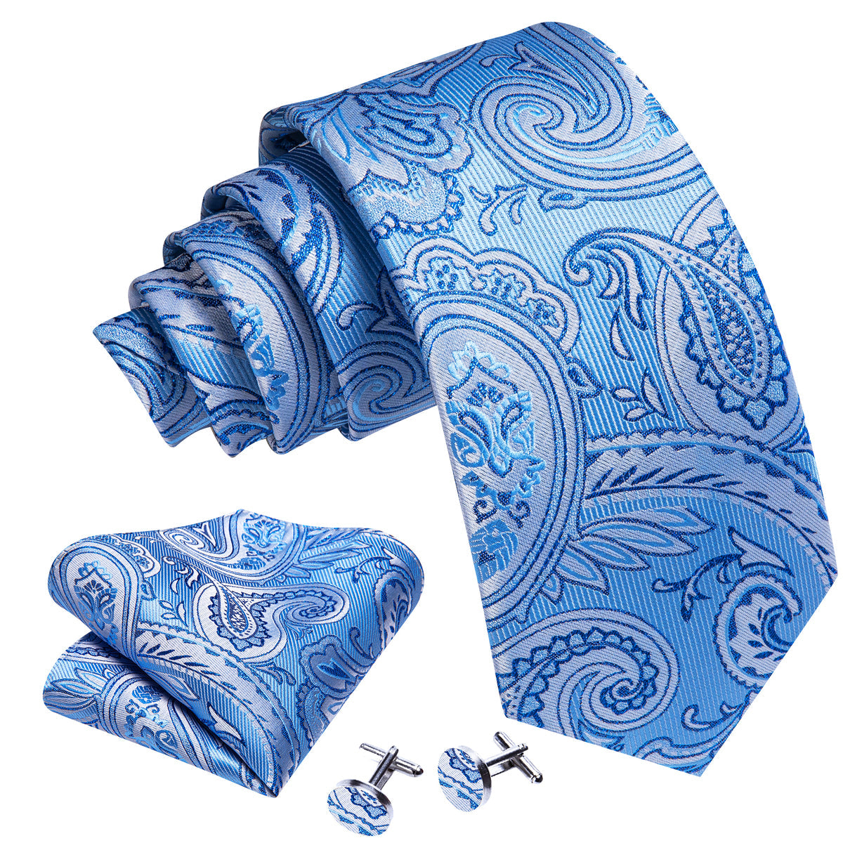 Light Blue Paisley Tie, Pocket Square and Cufflinks tie sets    - Sophisticated Gentlemen