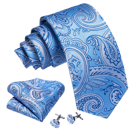 Light Blue Paisley Tie, Pocket Square and Cufflinks tie sets    - Sophisticated Gentlemen