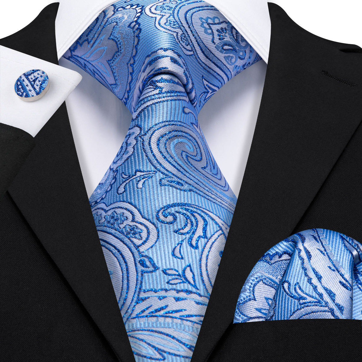 Light Blue Paisley Tie, Pocket Square and Cufflinks tie sets Default Title - Sophisticated Gentlemen