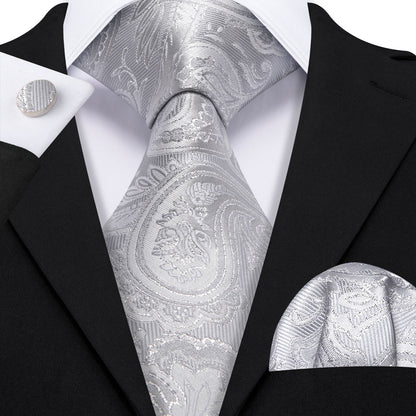 Gray Paisley Silk Tie, Pocket Square and Cufflinks Set tie sets    - Sophisticated Gentlemen