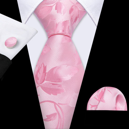 Pink Leaf Floral Silk Tie, Pocket Square and Cufflinks Set tie sets    - Sophisticated Gentlemen